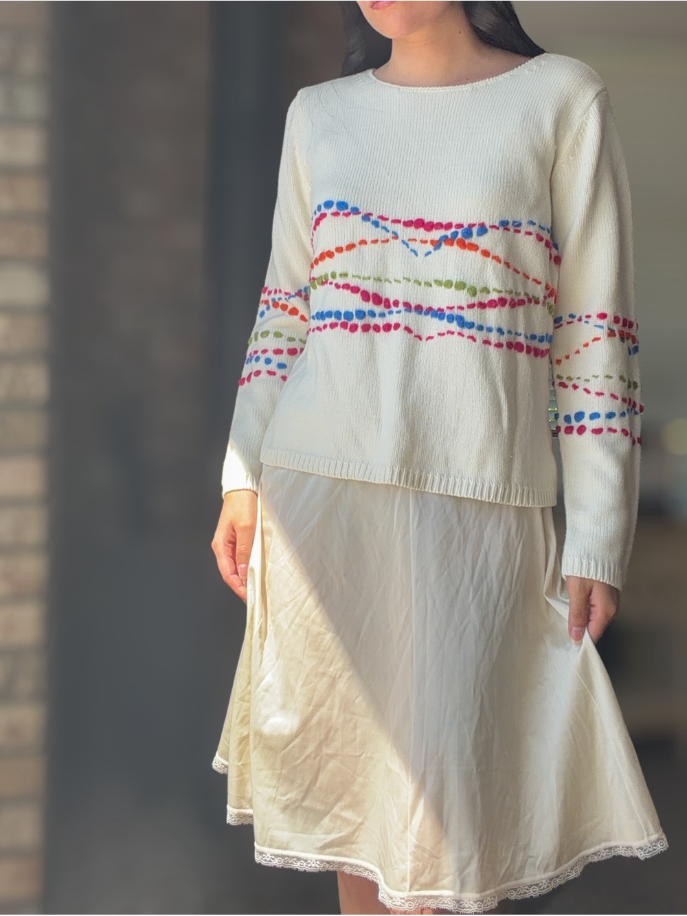 Cream Crewneck Sweater with Multicolor Assymetrical Stripes